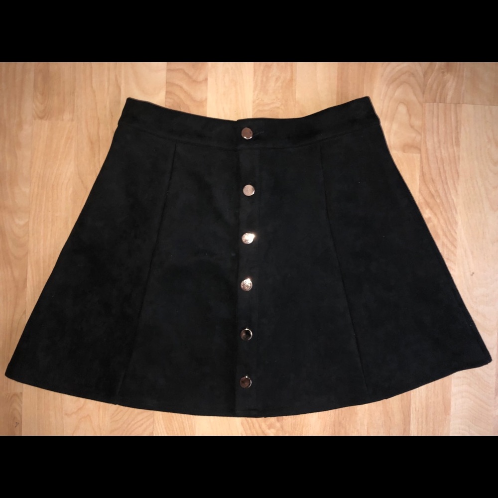 Black faux suede skirt with gold buttons
